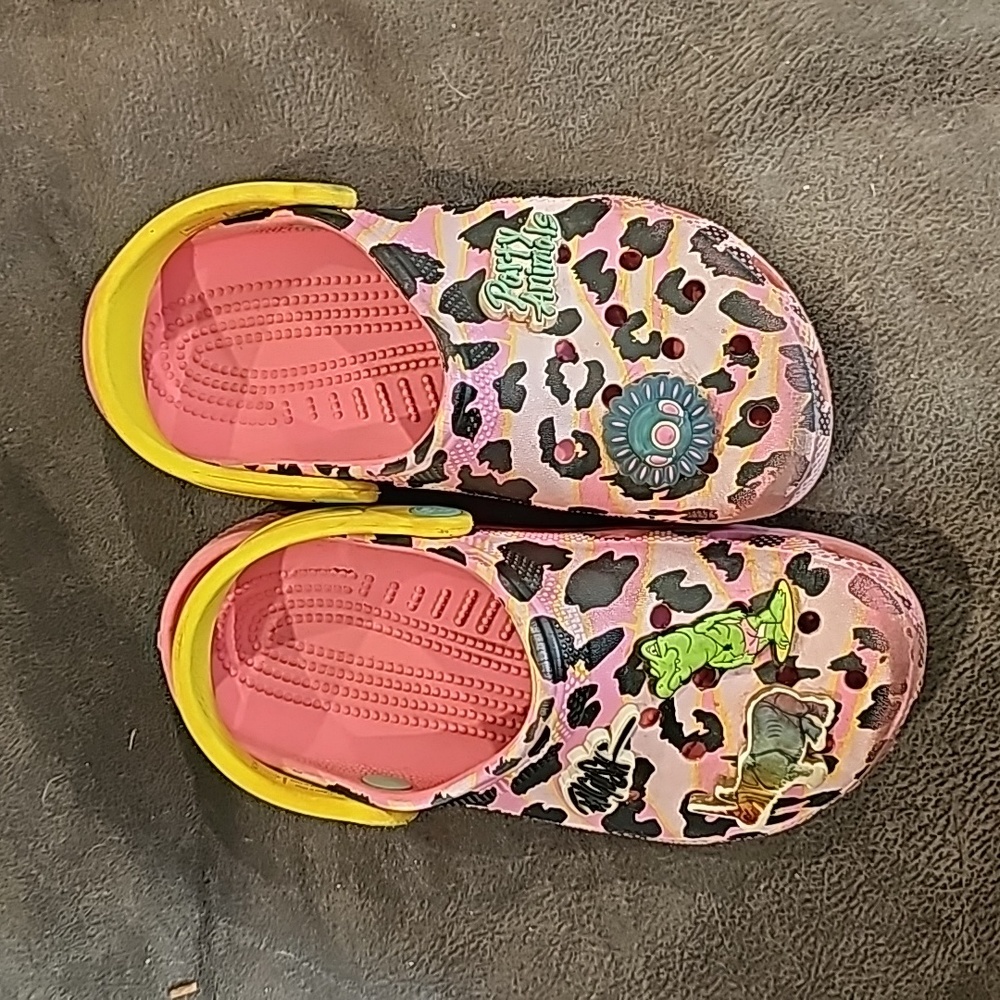 Pink and yellow cheetah print Crocs